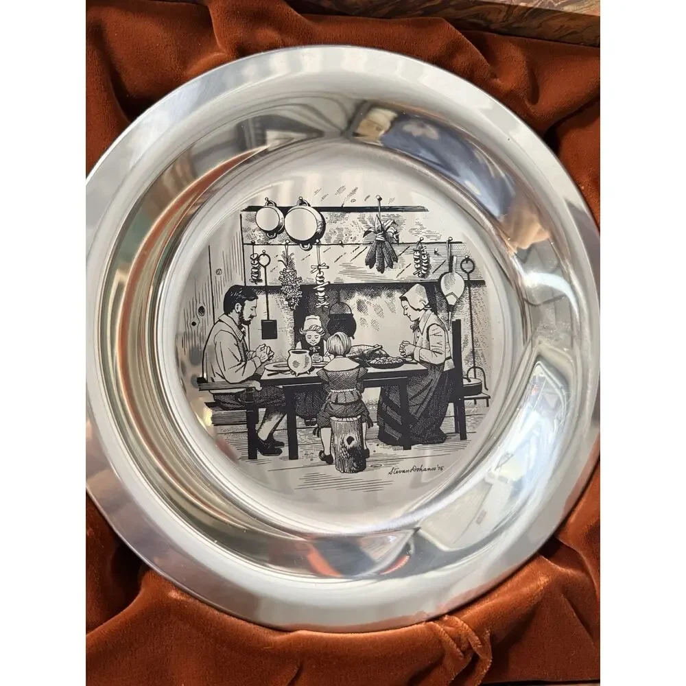 Solid Sterling Silver Franklin Mint Thanksgiving Plate 1975 6.3 Troy Oz w/ COA